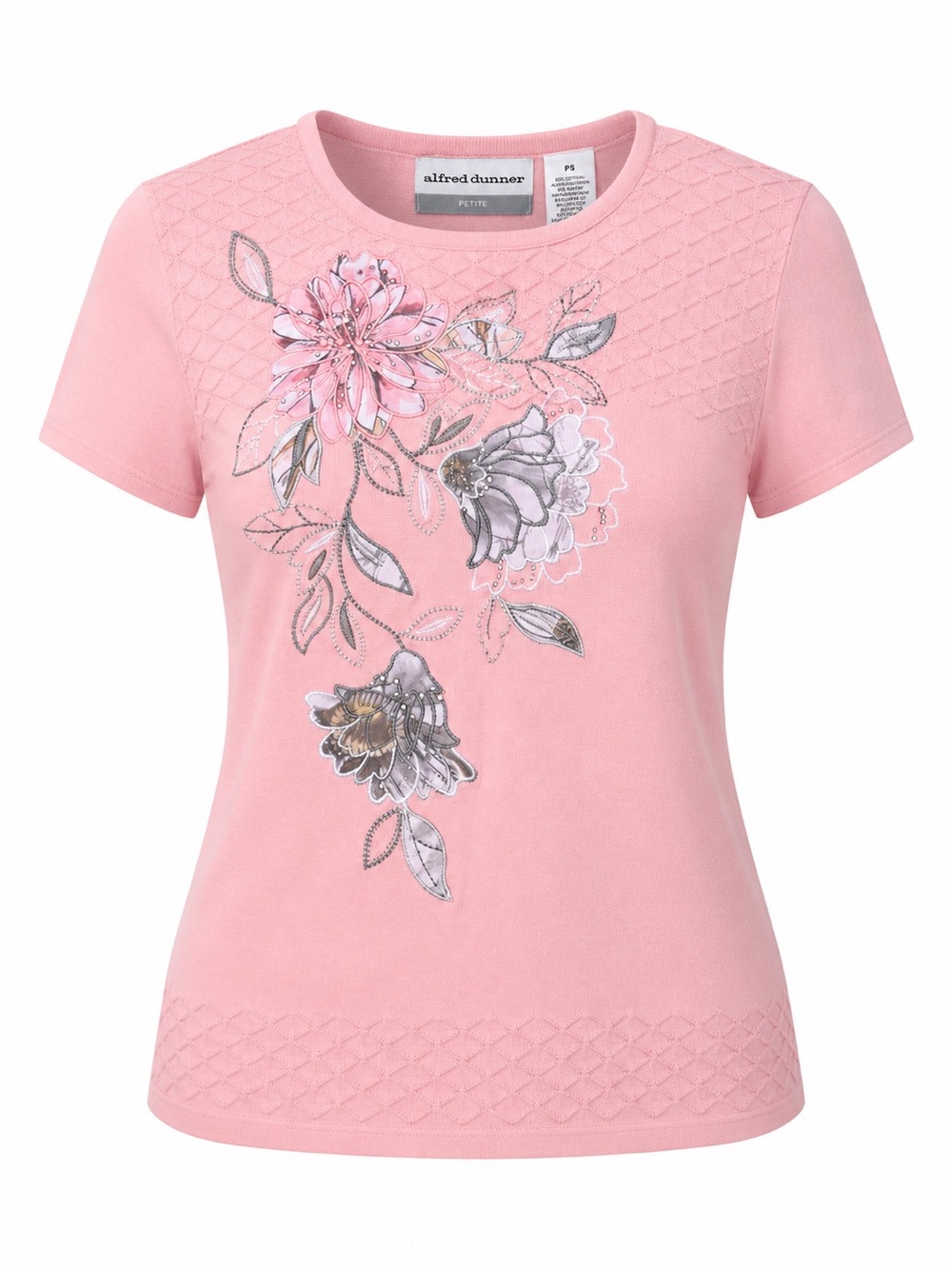 Alfred Dunner Petite Pink Floral Embellished Knit Top – Size PS